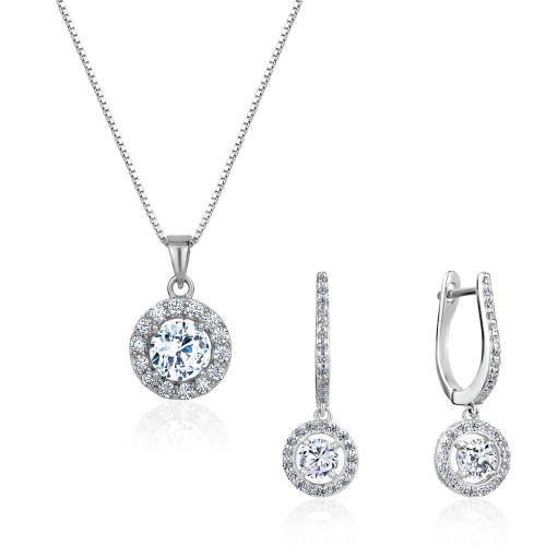 Club Rochelier 5A Cubic Zirconia Round Necklace and Halo Drop Earrings Set