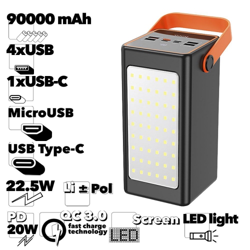 Chargeur de batterie externe portatif à lampe de poche robuste à DEL 22,5&nbsp;W de 90000&nbsp;mAh pour le camping à l'intérieur