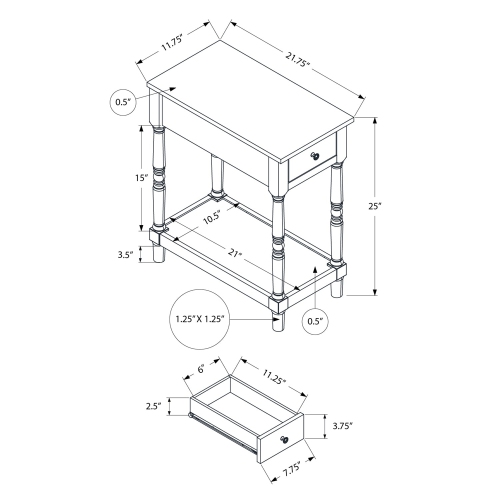 Monarch Specialties I 3958 - Accent Table, 2 Tier, End, Side Table, Nightstand, Bedroom, Narrow, Lamp, Storage Drawer, Brown Veneer, Antique White