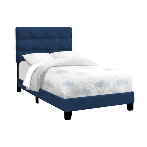 Monarch Specialties I 5918T - Bed, Twin Size, Upholstered, Bedroom, Frame Only, Youth, Teen, Juvenile, Blue Velvet, Transitional