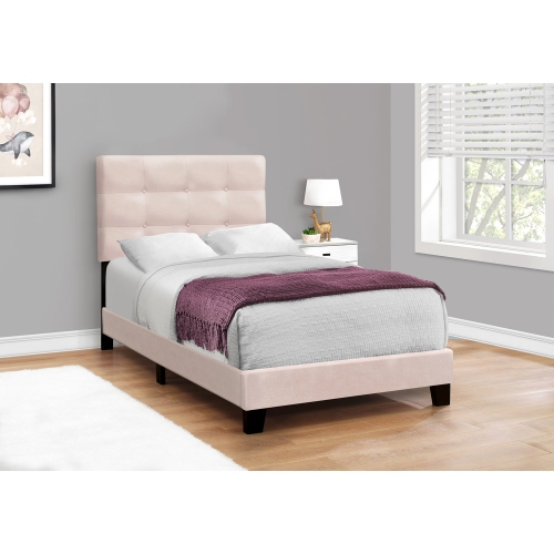 Monarch Specialties I 5916T - Bed, Twin Size, Upholstered, Bedroom, Frame Only, Youth, Teen, Juvenile, Pink Velvet, Transitional
