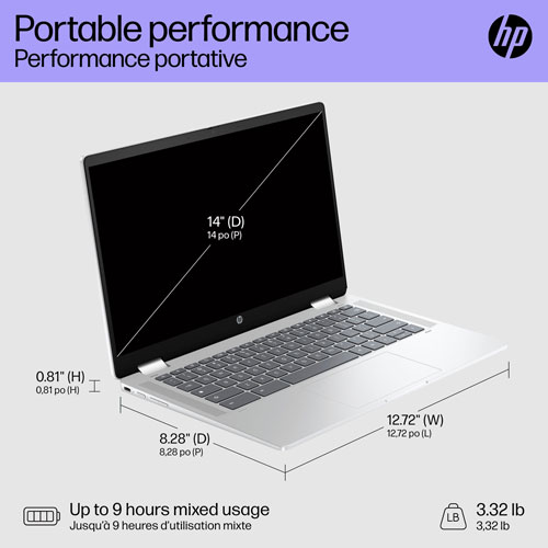 Chromebook de 14 po x360 de HP avec 3 mois de forfait Google AI Pro - Argent glacier (N100 série N d'Intel/128 Go/RAM 4 Go/ChromeOS)