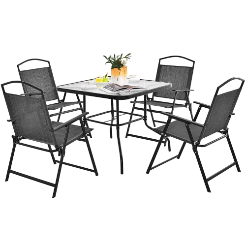 GYMAX  Dining Set for 4 Folding Chairs & Dining Table Set W/ Umbrella Hole Patio
