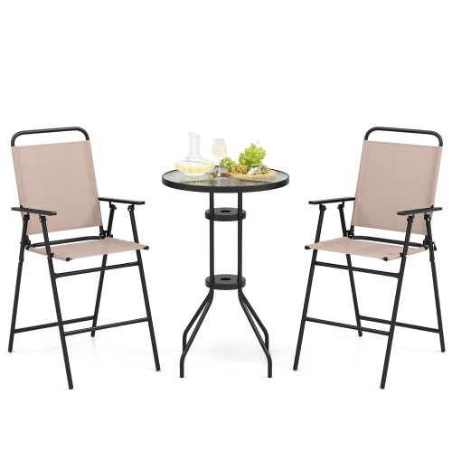 Gymax 3PCS Bistro Set Folding Chairs Round Bar Table w/ 1.6'' Umbrella Hole Yard Patio
