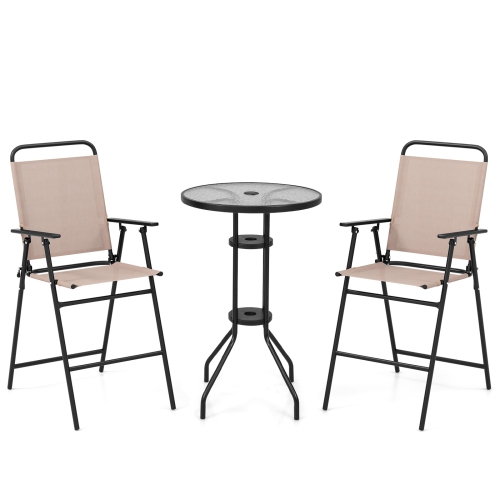 Gymax 3PCS Bistro Set Folding Chairs Round Bar Table w/ 1.6'' Umbrella Hole Yard Patio