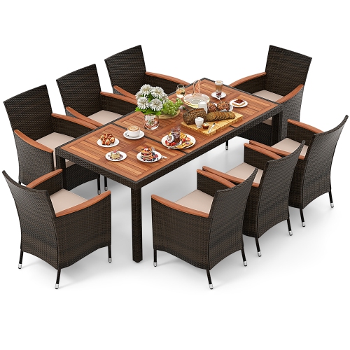 GYMAX  9PCs Wicker Dining Set Acacia Wood Table Top Umbrella Hole Cushions Chairs Patio