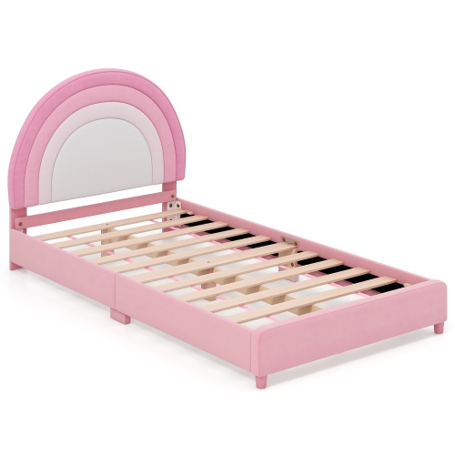 Gymax Kids Twin Platform Bed Frame Upholstered Twin Size Bed w/ Wooden Slats Support