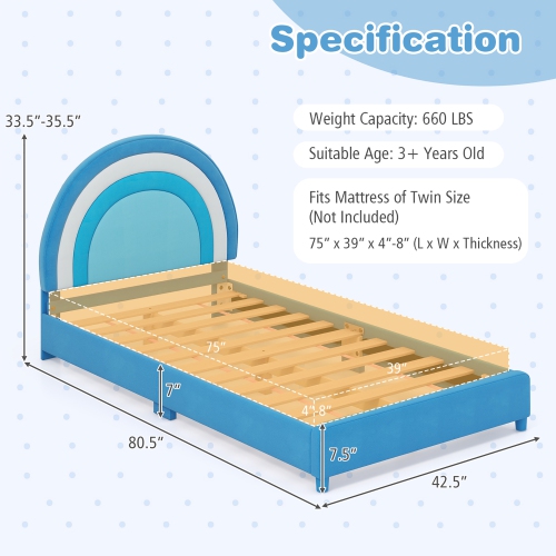 Gymax Kids Twin Platform Bed Frame Upholstered Twin Size Bed w/ Wooden Slats Support