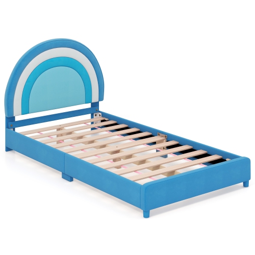 Gymax Kids Twin Platform Bed Frame Upholstered Twin Size Bed w/ Wooden Slats Support
