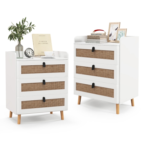 GYMAX  2PCs Modern Nightstand End Bedside Table W/ 3 Rattan Drawers & Solid Wood Legs In White