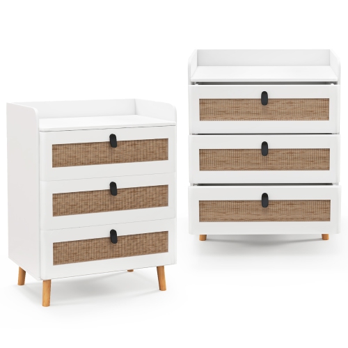 Gymax 2PCS Modern Nightstand End Bedside Table w/ 3 Rattan Drawers & Solid Wood Legs White