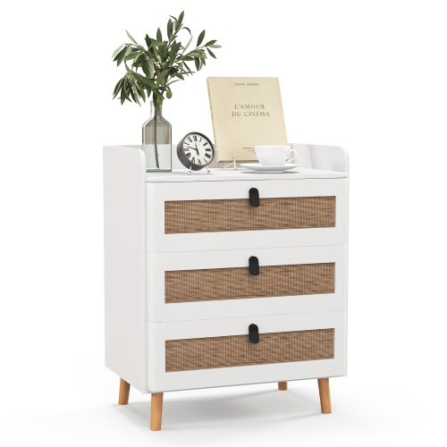 Gymax Modern Nightstand End Bedside Table w/ 3 Rattan Drawers & Solid Wood Legs White