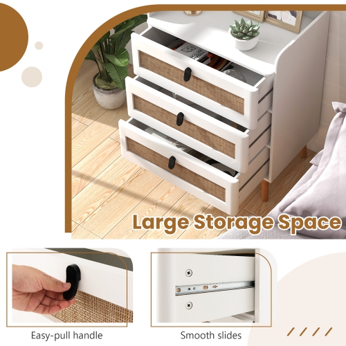 Gymax Modern Nightstand End Bedside Table w/ 3 Rattan Drawers & Solid Wood Legs White