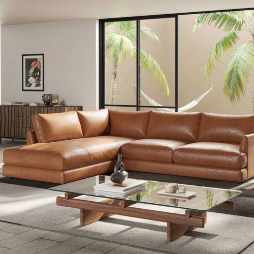 Valencia Serena Leather Sectional Sofa Left Chaise, Cognac