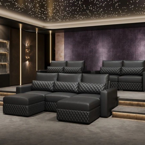 Valencia Pisa Leather Lounge Sectional Sofa 3 Seats & 2 Ottomans, Black