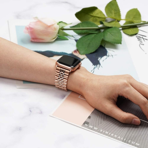 WFG Classic Stainless Steel Metal Beads Band for Apple Watch-42/44/45/49mm - Rose Gold-Silver