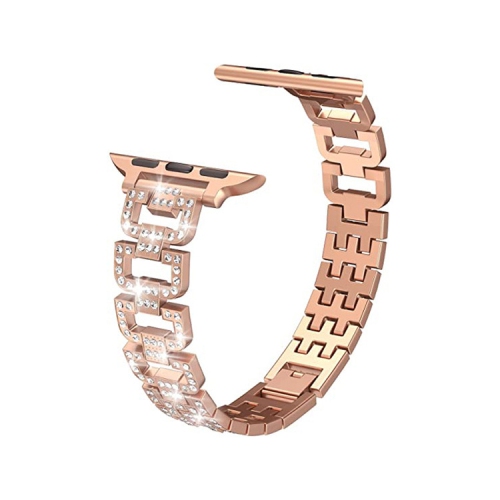 WORRYFREE GADGETS  Dressy D-Links Metal Band With Full Bling Links for Apple Watch -42/44/45MM -Rose In Gold