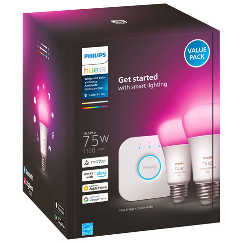 Philips Hue A19 Smart LED Light Bulb Starter Kit with Bridge - 2 Pack - White & Colour Ambiance - Only at Best Buy