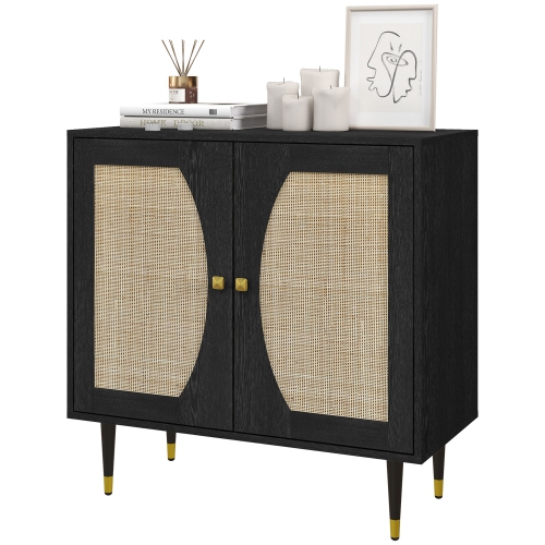 HOMCOM  Boho Sideboard, Kitchen Storage Cabinet With Adjustable Shelf, Coffee Bar Cabinet With Rattan Decorated Doors In Black