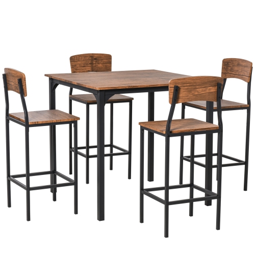 HOMCOM  5-Piece Counter Height Bar Table Set, Industrial Dining Table Set for 4, Space Saving Square Kitchen Table And Chairs Set \w Footrest, Metal