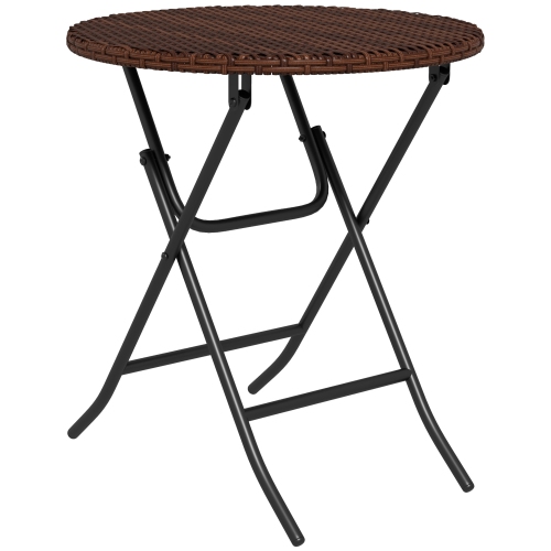 Outsunny Outdoor PE Rattan Foldable End Table, Metal Frame Patio Wicker Round Coffee Table, Side Table for Poolside, Lawn, Garden, Mixed Brown