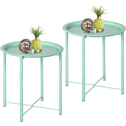 Side/End Table, Folding Round Metal Waterproof Anti-Rust Outdoor / Indoor Tray for Living Room, Bedroom, Balcony and Office, set of 2 Light Green