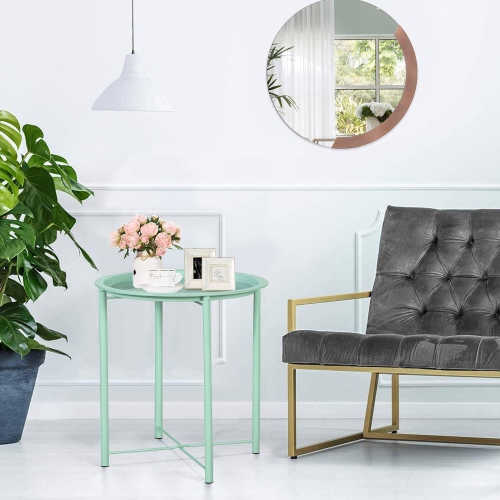 Side/End Table, Folding Round Metal Waterproof Anti-Rust Outdoor / Indoor Tray for Living Room, Bedroom, Balcony and Office, set of 2 Light Green