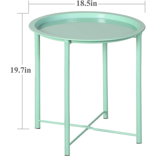 Side/End Table, Folding Round Metal Waterproof Anti-Rust Outdoor / Indoor Tray for Living Room, Bedroom, Balcony and Office, set of 2 Light Green