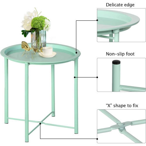 Side/End Table, Folding Round Metal Waterproof Anti-Rust Outdoor / Indoor Tray for Living Room, Bedroom, Balcony and Office, set of 2 Light Green