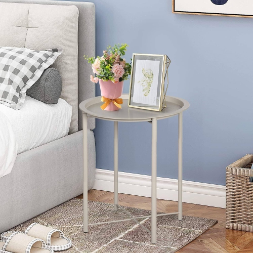 Side/End Table, Folding Round Metal Waterproof Anti-Rust Outdoor / Indoor Tray for Living Room, Bedroom, Balcony and Office, set of 2 Grey