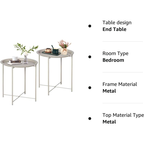 Side/End Table, Folding Round Metal Waterproof Anti-Rust Outdoor / Indoor Tray for Living Room, Bedroom, Balcony and Office, set of 2 Grey