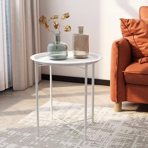 Side/End Table, Folding Round Metal Waterproof Anti-Rust Outdoor / Indoor Tray for Living Room, Bedroom, Balcony and Office, set of 2 Beige