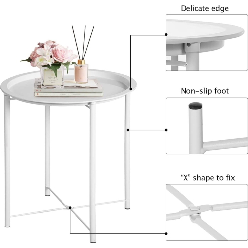 Side/End Table, Folding Round Metal Waterproof Anti-Rust Outdoor / Indoor Tray for Living Room, Bedroom, Balcony and Office, set of 2 Beige