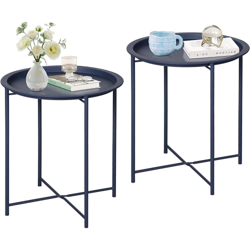 Side/End Table, Folding Round Metal Waterproof Anti-Rust Outdoor / Indoor Tray for Living Room, Bedroom, Balcony and Office, set of 2 Bue