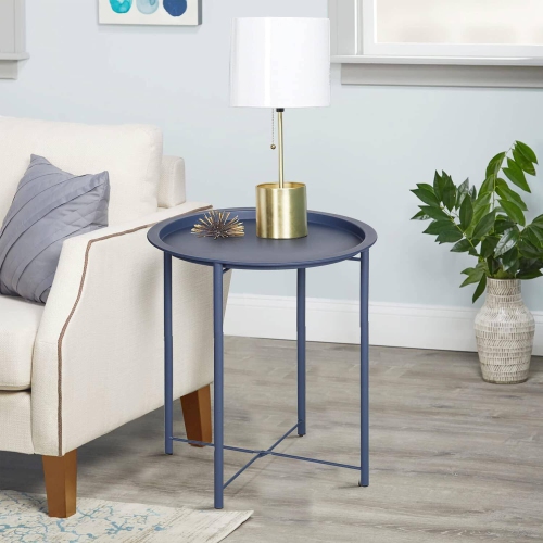 Side/End Table, Folding Round Metal Waterproof Anti-Rust Outdoor / Indoor Tray for Living Room, Bedroom, Balcony and Office, set of 2 Bue