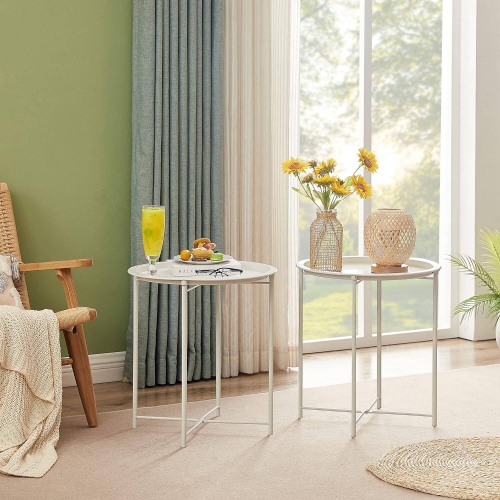 Side/End Table, Folding Round Metal Waterproof Anti-Rust Outdoor / Indoor Tray for Living Room, Bedroom, Balcony and Office, 1 PCS Beige