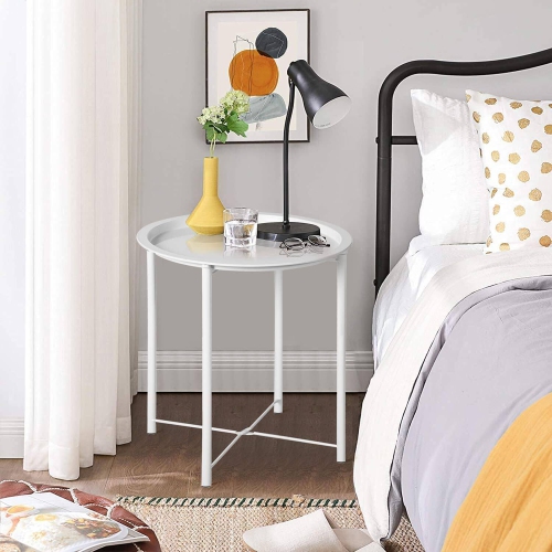 Side/End Table, Folding Round Metal Waterproof Anti-Rust Outdoor / Indoor Tray for Living Room, Bedroom, Balcony and Office, 1 PCS Beige