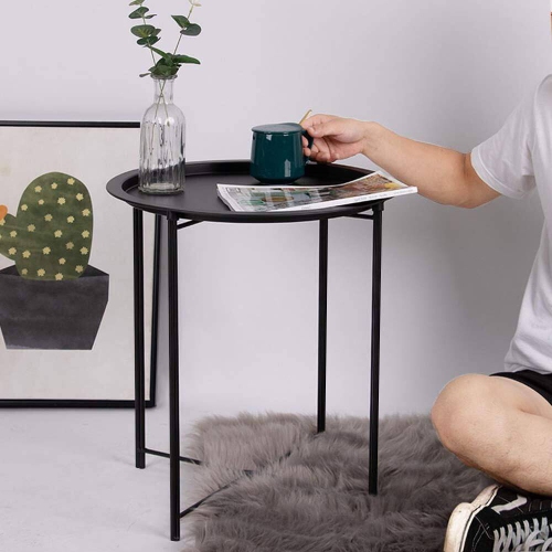 Side/End Table, Folding Round Metal Waterproof Anti-Rust Outdoor / Indoor Tray for Living Room, Bedroom, Balcony and Office, 1 PCS Black