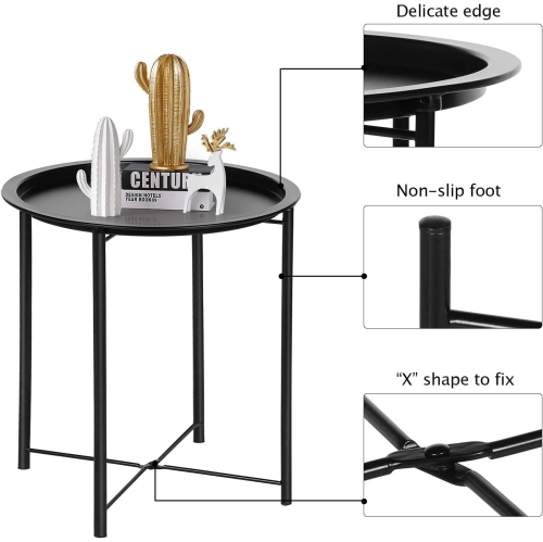 Side/End Table, Folding Round Metal Waterproof Anti-Rust Outdoor / Indoor Tray for Living Room, Bedroom, Balcony and Office, 1 PCS Black