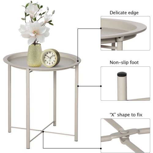 Side/End Table, Folding Round Metal Waterproof Anti-Rust Outdoor / Indoor Tray for Living Room, Bedroom, Balcony and Office, 1 PCS Grey