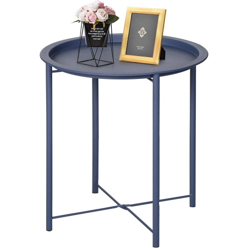 Side/End Table, Folding Round Metal Waterproof Anti-Rust Outdoor / Indoor Tray for Living Room, Bedroom, Balcony and Office, 1 PCS Blue