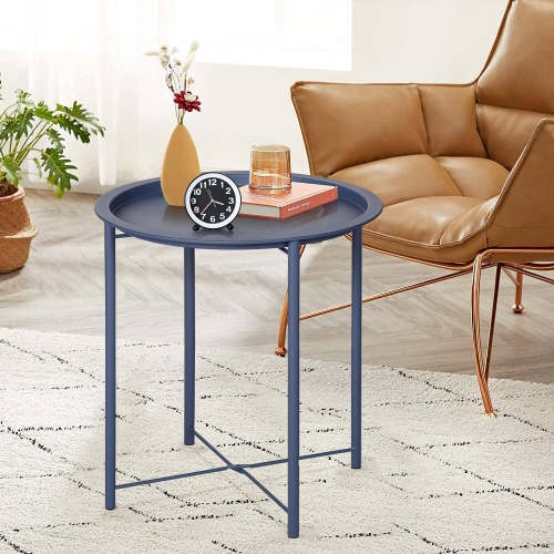 Side/End Table, Folding Round Metal Waterproof Anti-Rust Outdoor / Indoor Tray for Living Room, Bedroom, Balcony and Office, 1 PCS Blue