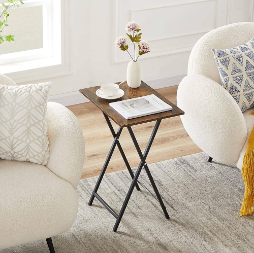 Folding TV Tray for Eating Set of 2, Portable Snack Table DinnerTable with Cup Holder for Couch, Living Room, Brown