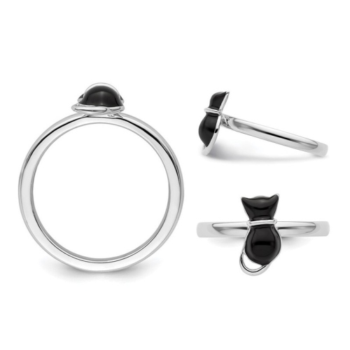 Sterling Silver Black Enameled Cat Ring