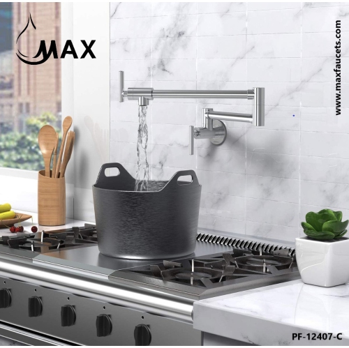 MAX Faucets | Pot Filler Faucet Double Handle Commercial Wall Mounted 26" With Accessories Chrome Finish.