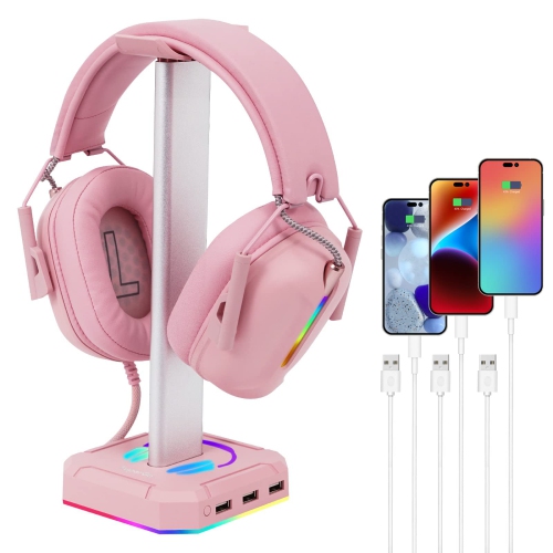 Headphone Stand RGB Lights Gaming Headset Holder with 3 USB Port for Charging or Connecting Headset Keyboard and Mouse,9 Modes Can be Toggles and
