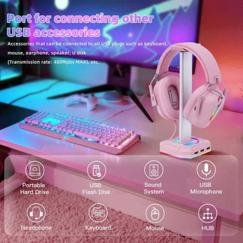 Headphone Stand RGB Lights Gaming Headset Holder with 3 USB Port for Charging or Connecting Headset Keyboard and Mouse,9 Modes Can be Toggles and