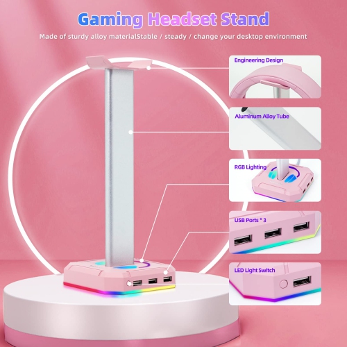 Headphone Stand RGB Lights Gaming Headset Holder with 3 USB Port for Charging or Connecting Headset Keyboard and Mouse,9 Modes Can be Toggles and