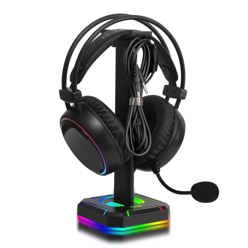 HLD  Headphones Stand, Headphone Holder \w Hooks for Earphone, Earbuds, Cables, Headset Stand \w RGB Lights for Desk Decoration, Ideal Gift for Friend
