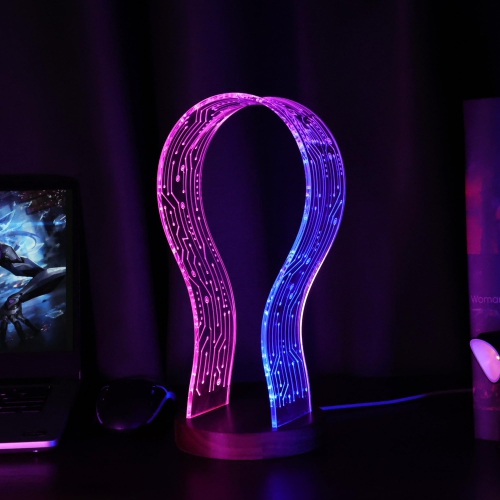 Gamers and Music Lovers, Light Up Headphone Stand, Wood Headset Holder with Blue Pink LED Night Light, Ideal Desk Accessory